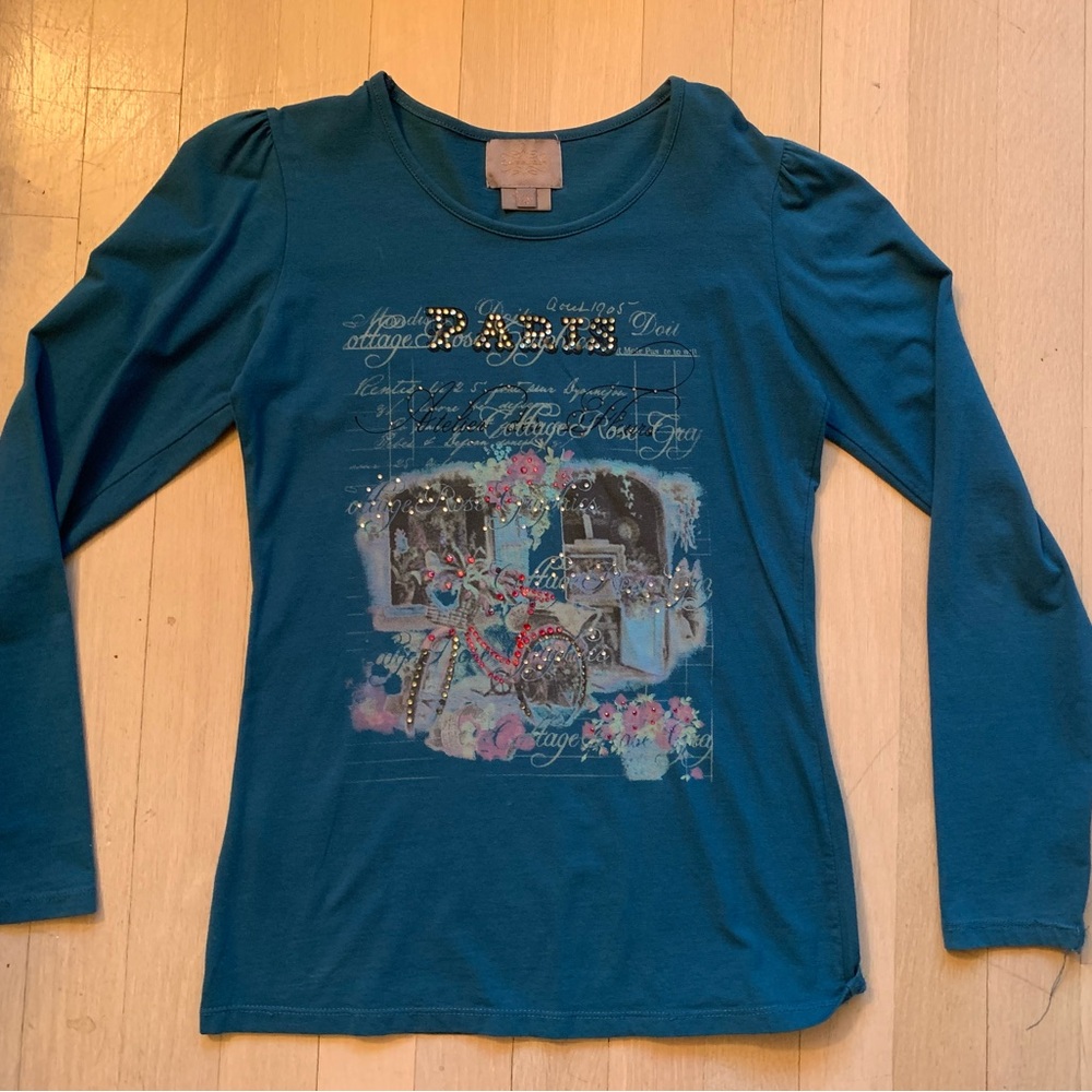 Teal Long Sleeve French Designer Paris Girls Top with Sequins